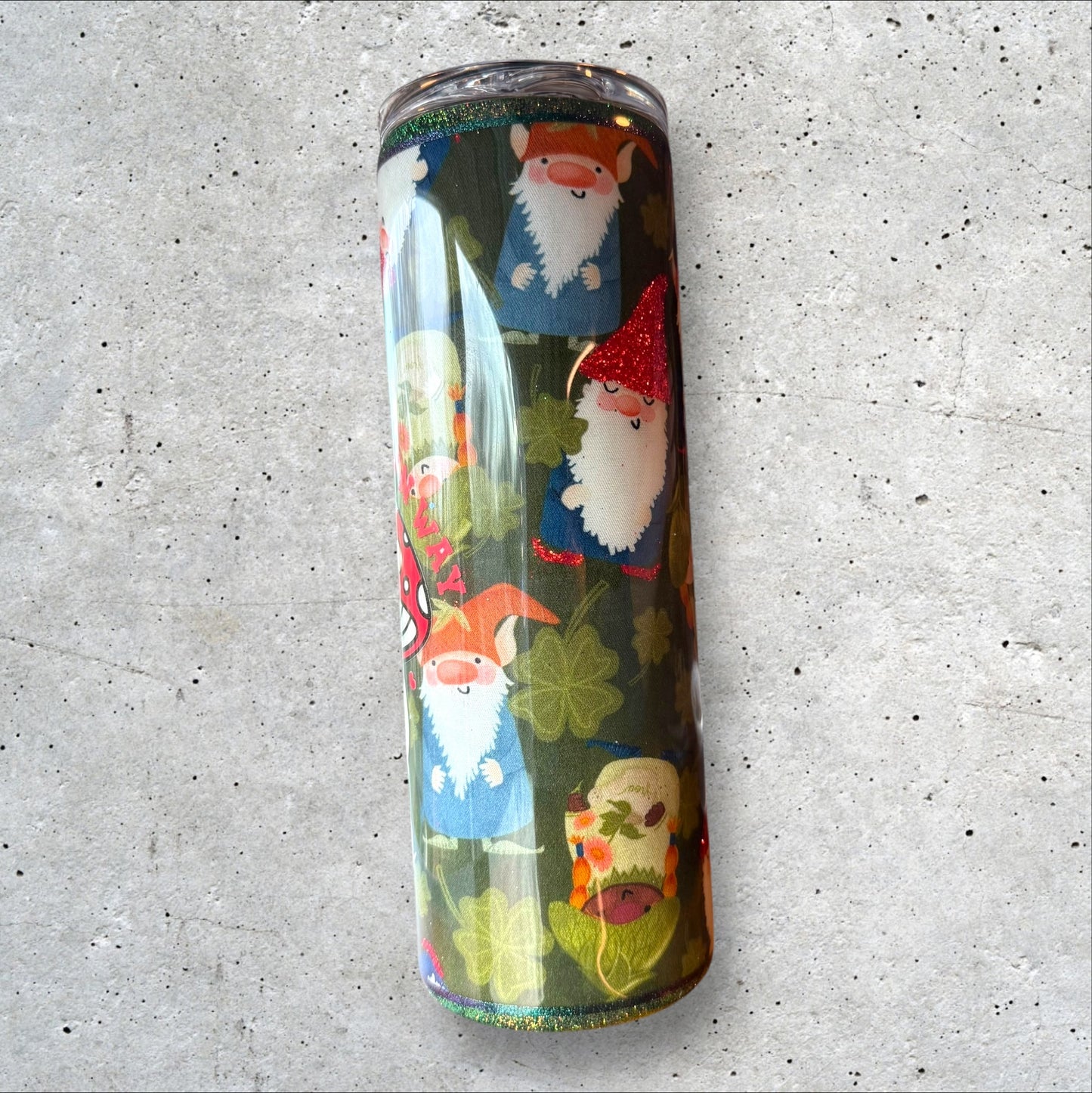 Fabric Wrapped tumbler - Garden Gnomes with Mushroom - Glitter Accents