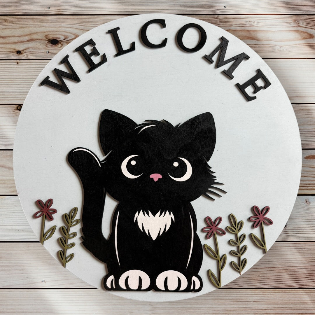 Round wood door sign - cat and floral