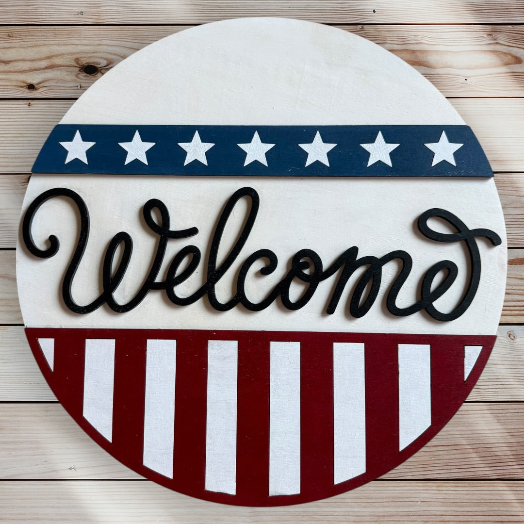 12 inch round American Flag Welcome sign