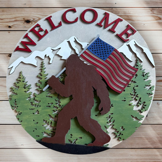 Round wood sign - Bigfoot American Flag