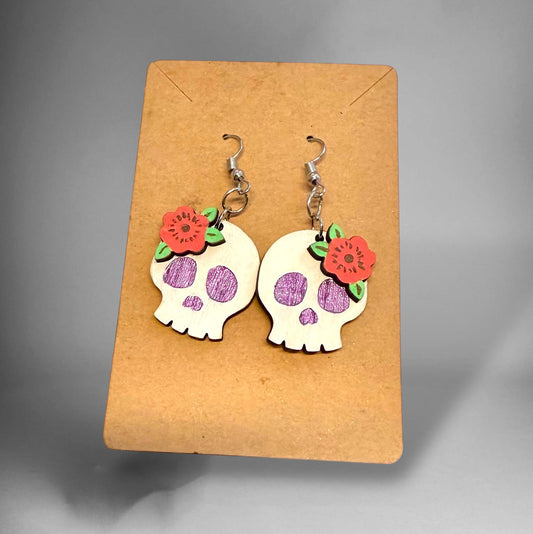 Laser Cut & Hand-Painted Earrings – Skull with flower