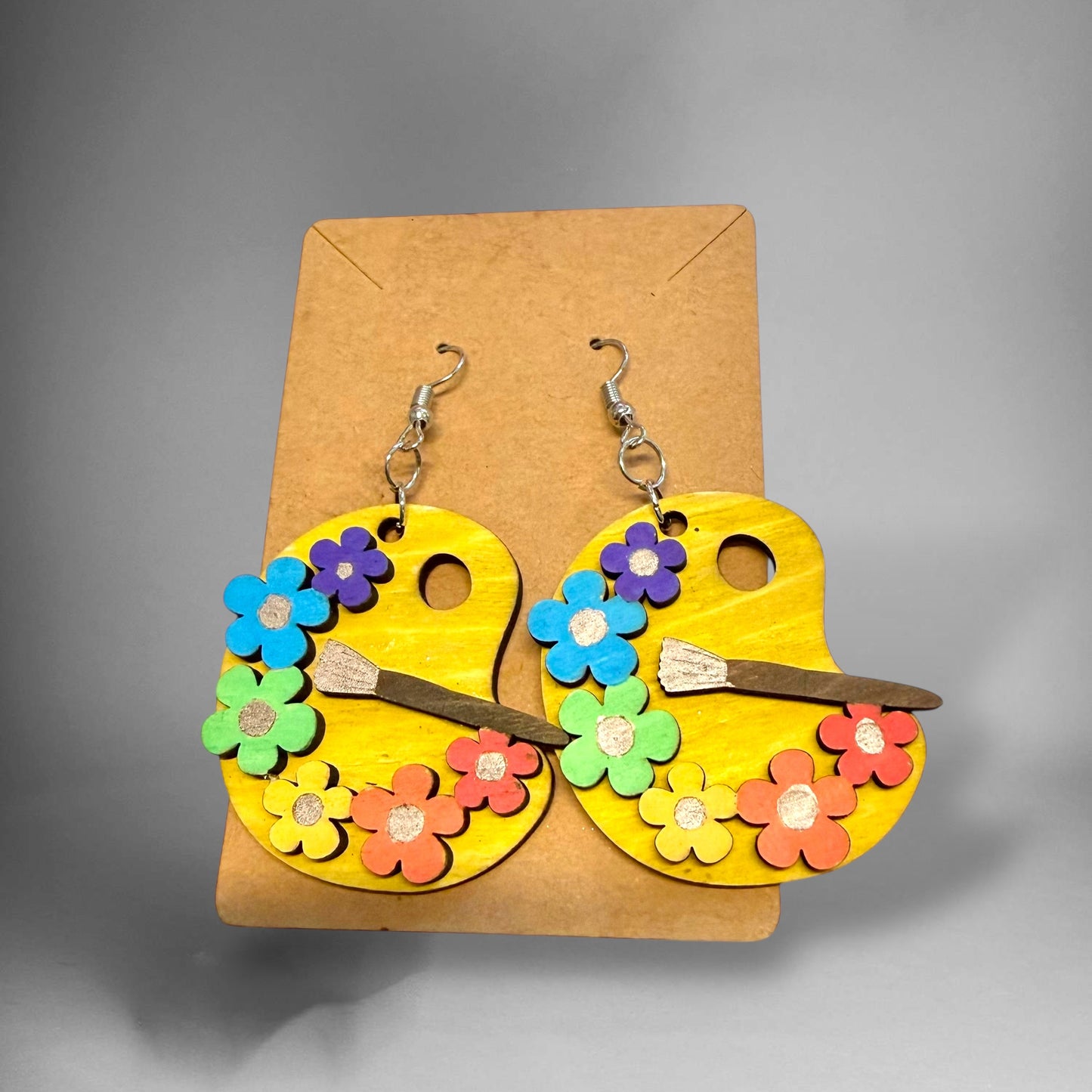 Laser Cut & Hand-Painted Earrings – Art Palette with Flowers