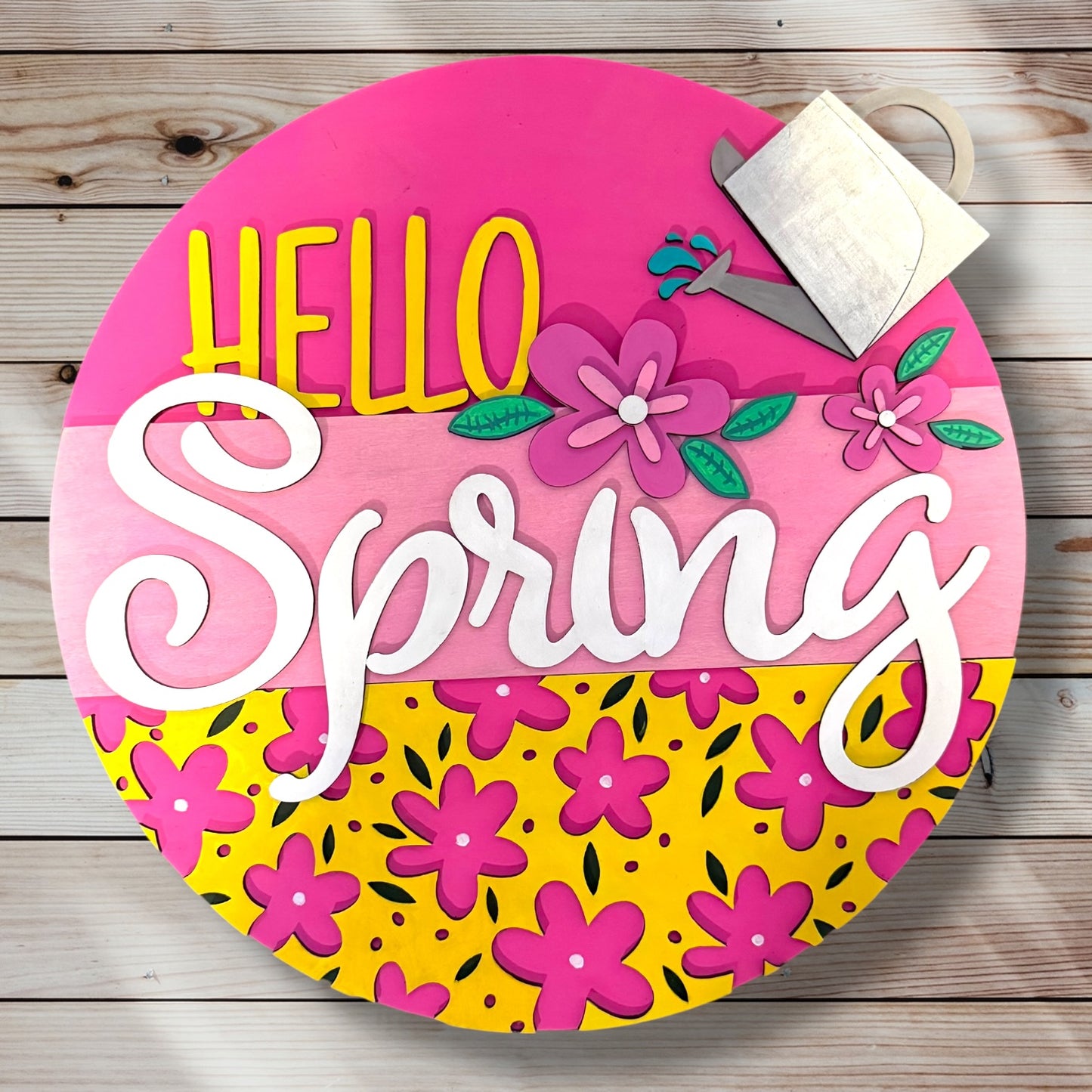 Round wood sign - Pink Hello Spring Watering Can