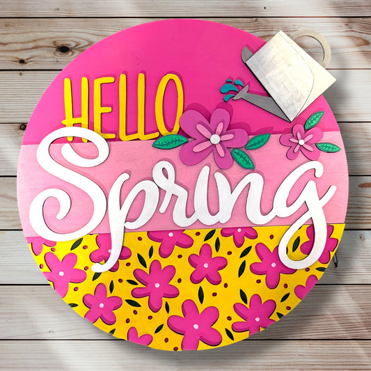 Round wood sign - Pink Hello Spring Watering Can