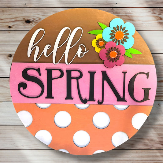 Round wood sign - Hello Spring Floral and Dots
