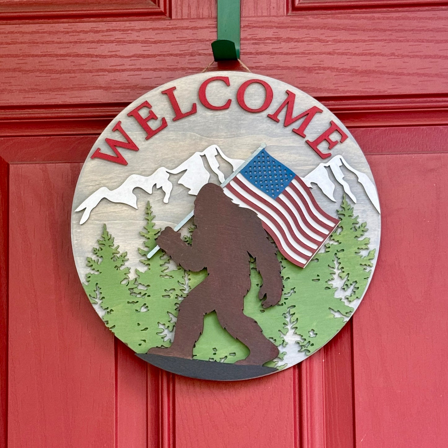 Round wood sign - Bigfoot American Flag