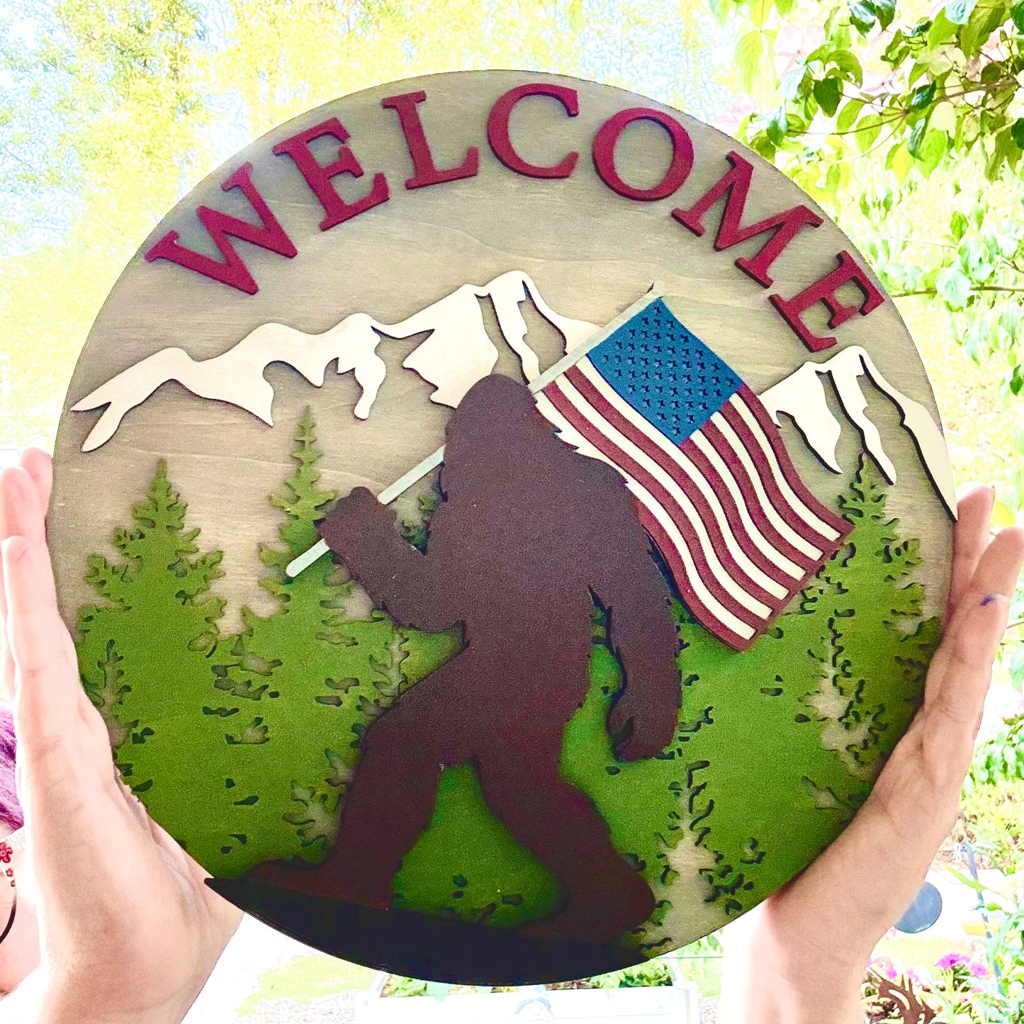 Round wood sign - Bigfoot American Flag