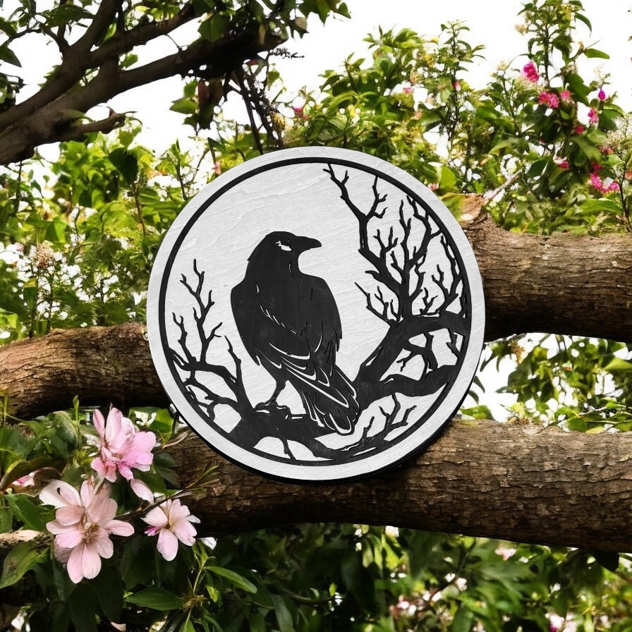 12 inch round wood crow sign
