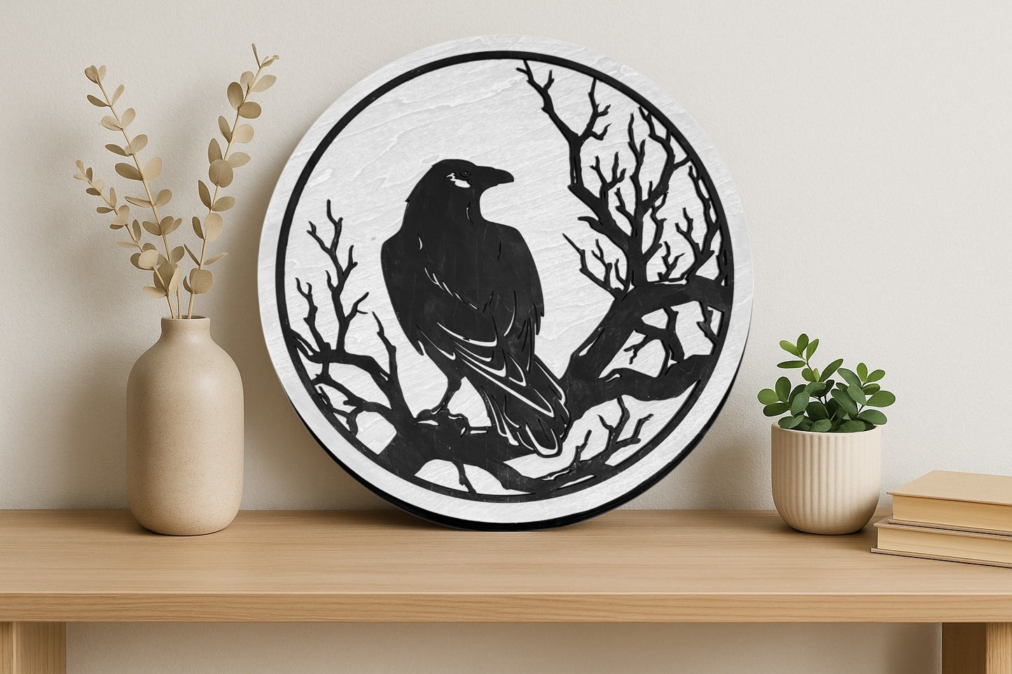 12 inch round wood crow sign
