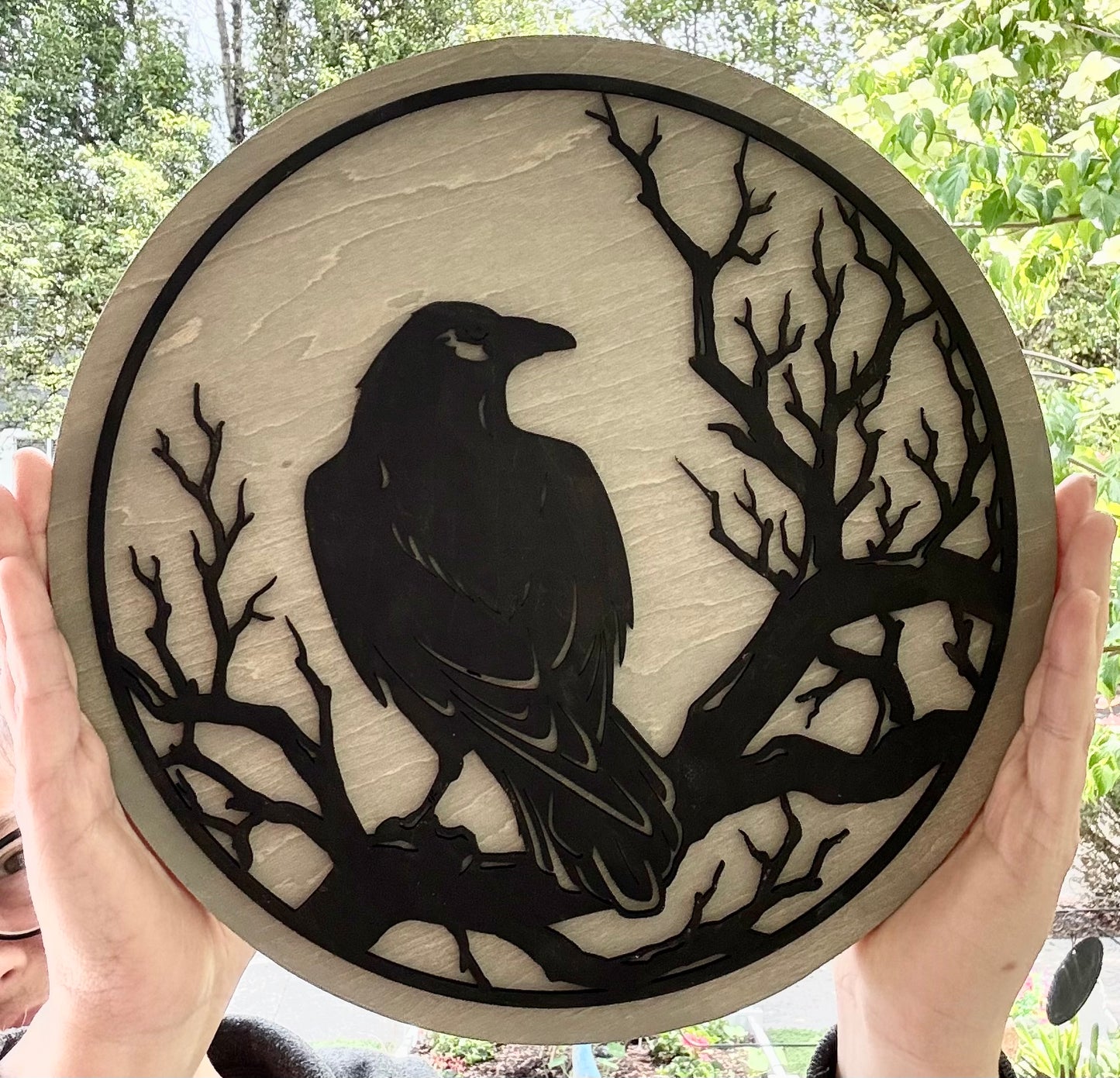 12 inch round wood crow sign