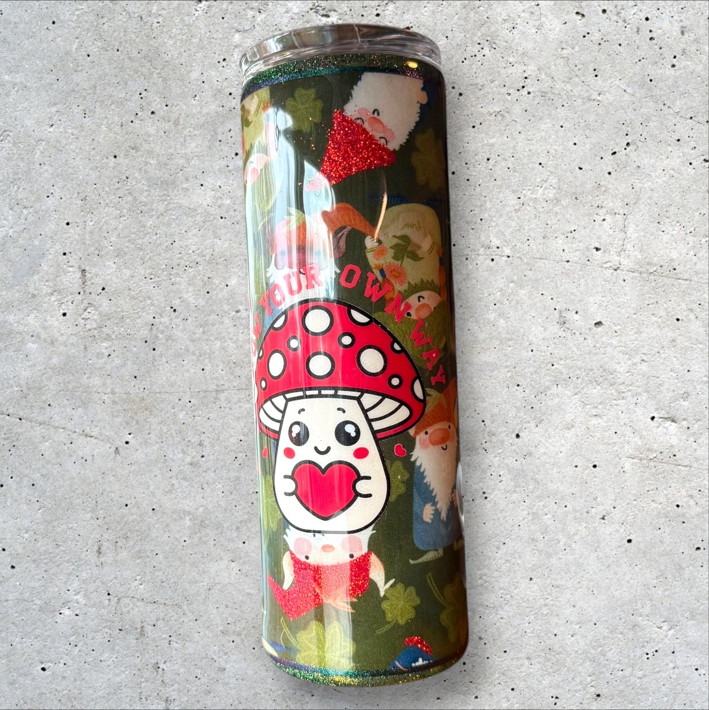 Fabric Wrapped tumbler - Garden Gnomes with Mushroom  - Glitter Accents
