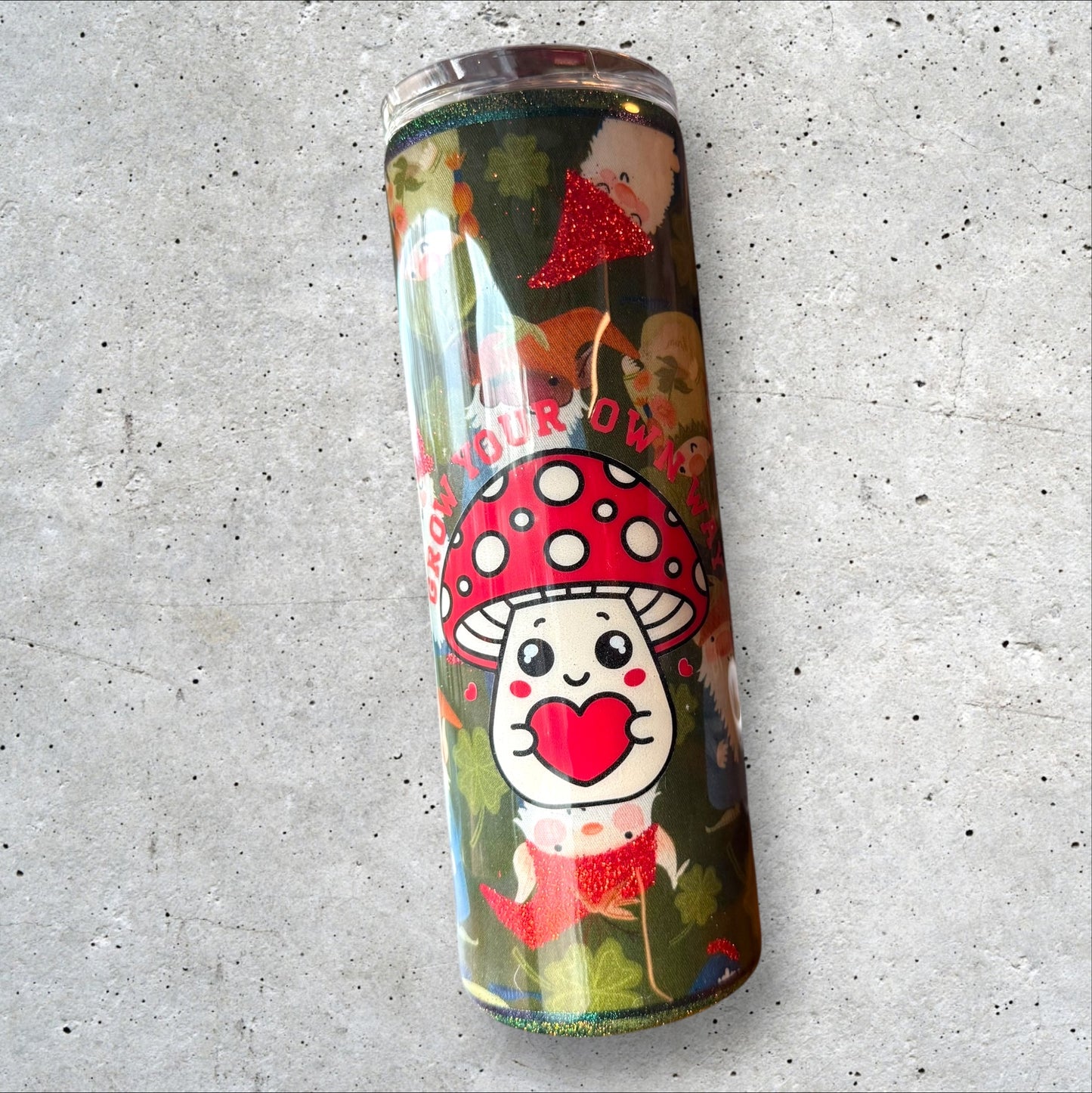 Fabric Wrapped tumbler - Garden Gnomes with Mushroom  - Glitter Accents