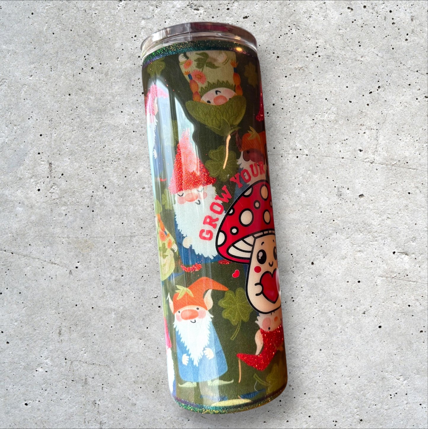 Fabric Wrapped tumbler - Garden Gnomes with Mushroom  - Glitter Accents