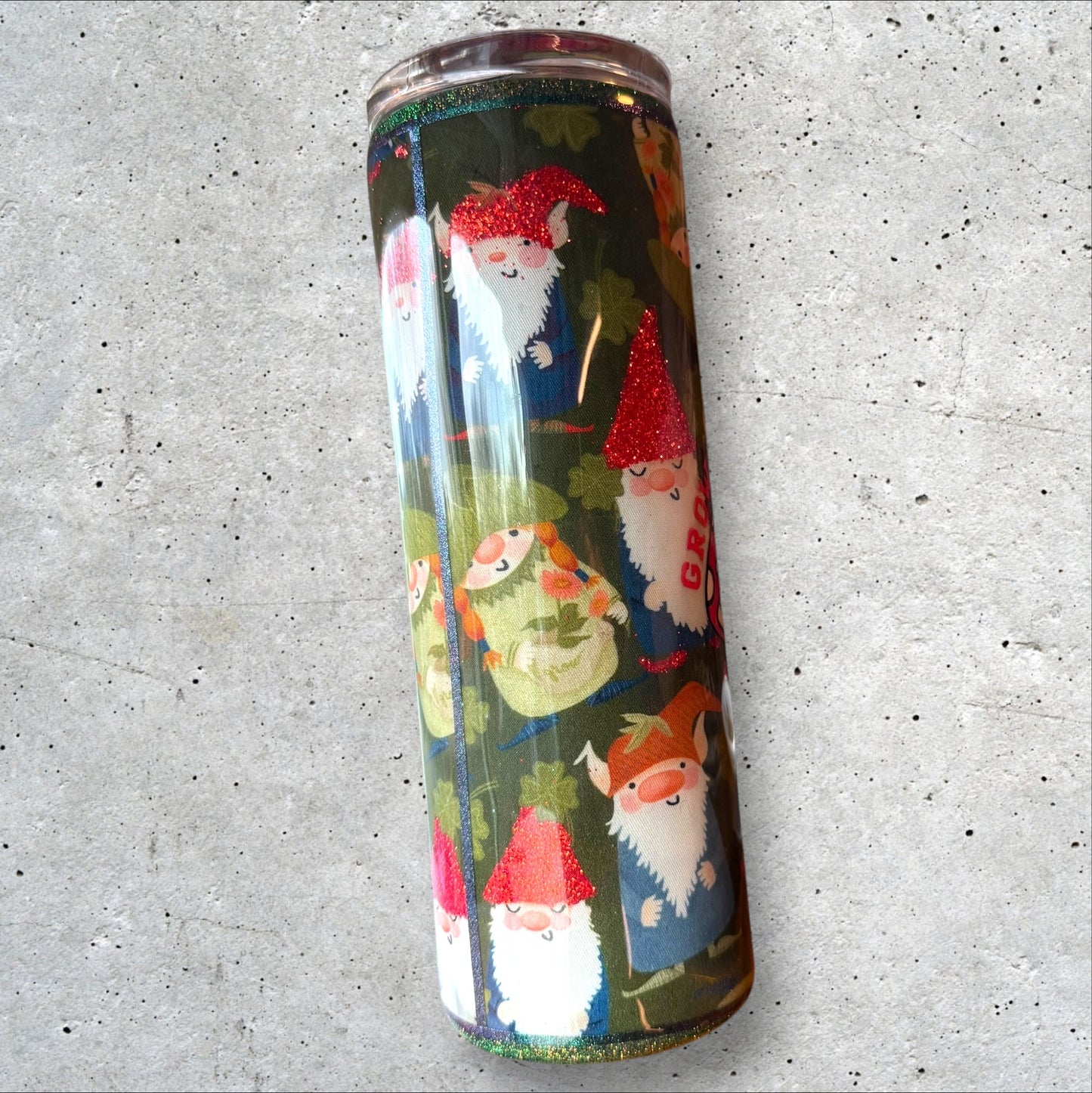 Fabric Wrapped tumbler - Garden Gnomes with Mushroom  - Glitter Accents