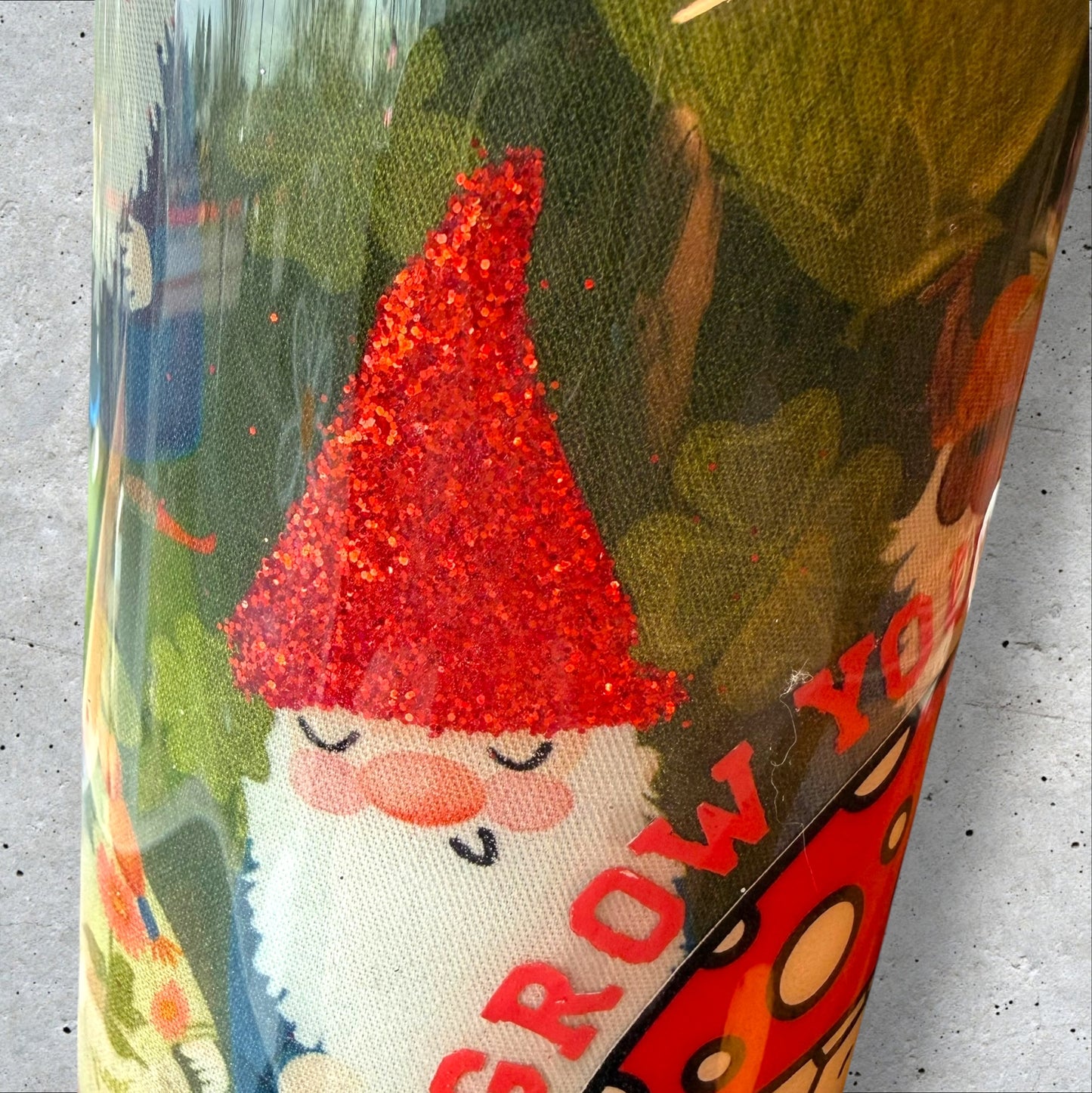 Fabric Wrapped tumbler - Garden Gnomes with Mushroom  - Glitter Accents