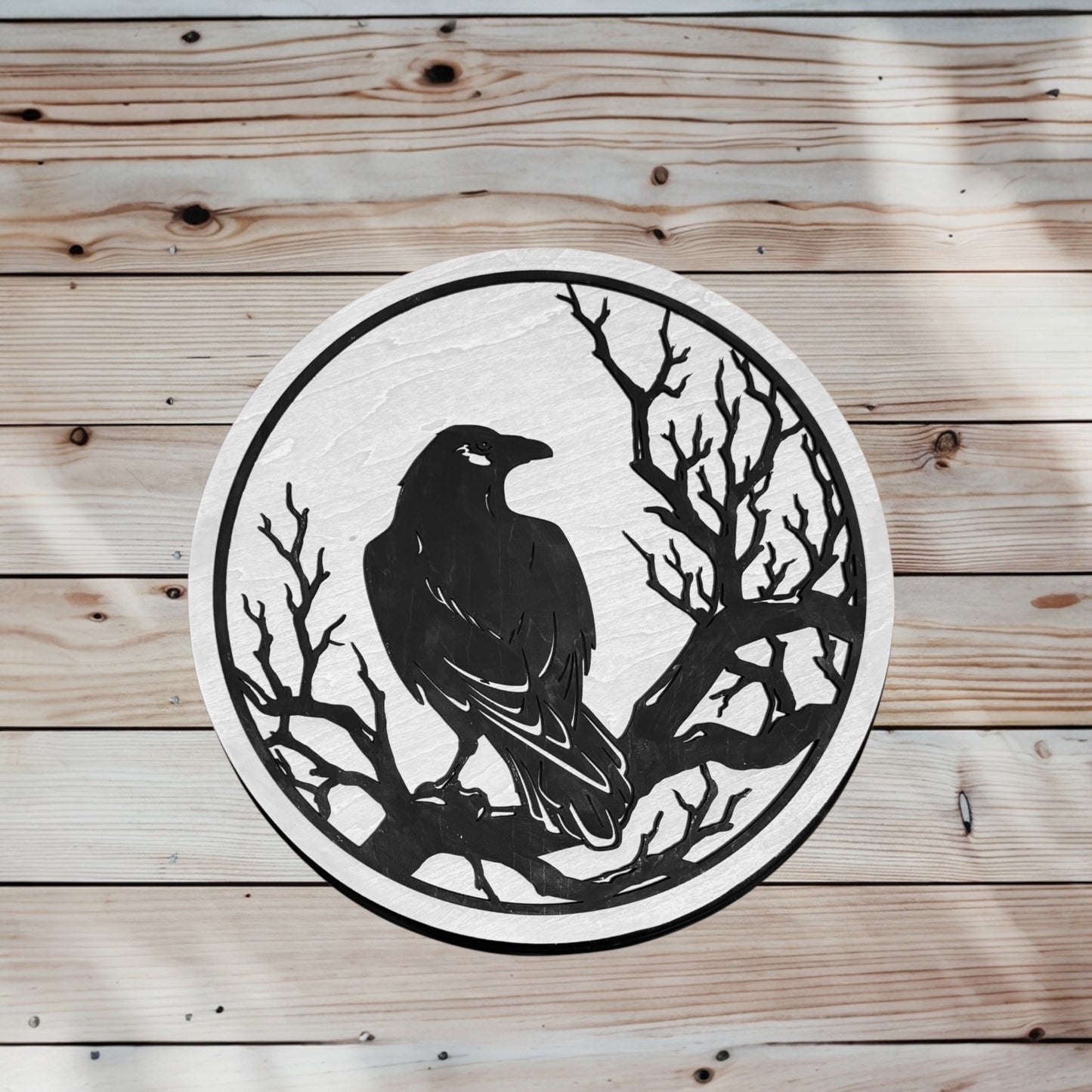 12 inch round wood crow sign