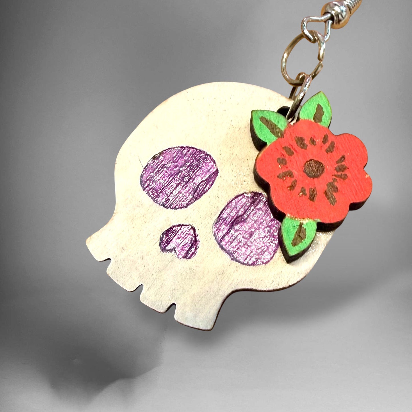 Laser Cut & Hand-Painted Earrings – Skull with flower